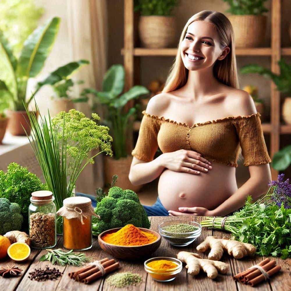 A glowing young woman, her smile radiant as she gently cradles her baby bump, stands in her kitchen surrounded by a colorful array of fresh spices. Her eyes sparkle with joy as she prepares a nutritious dish, infusing it with the vibrant flavors of turmeric, cinnamon, and ginger — spices known for their benefits during pregnancy. The warm, inviting atmosphere suggests a sense of health, vitality, and the excitement of the journey ahead.